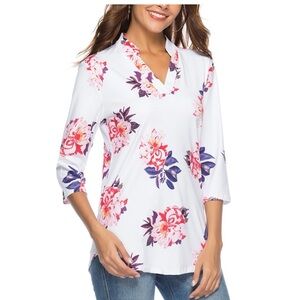 CEASIKERY Women's 3/4 Sleeve Floral V Neck Top Casual Ladies Blouse Size L